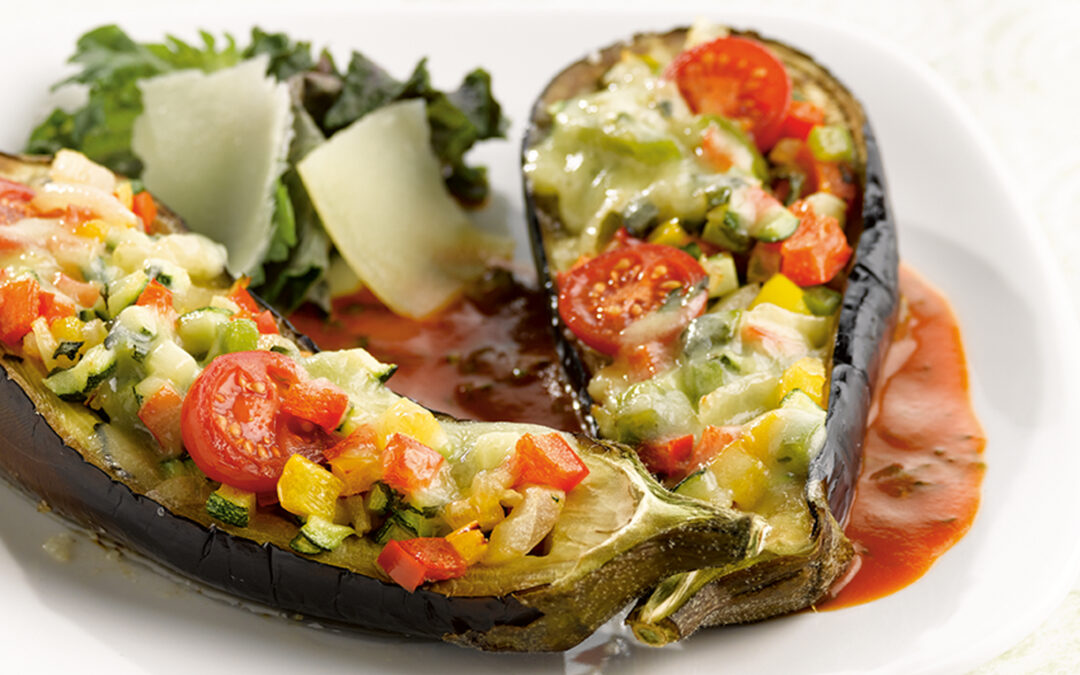 Gratin van Comté, gevulde aubergines en gegrilde groentjes