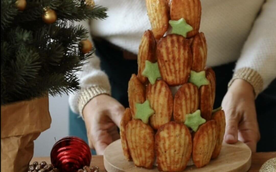 Sapin de noël en madeleines, comté râpé Entremont, huile de truffe et champignons