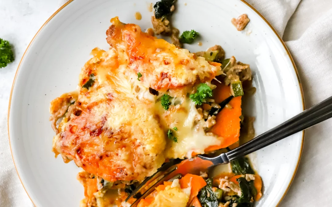 Gratin de patate douce, haché et courgette