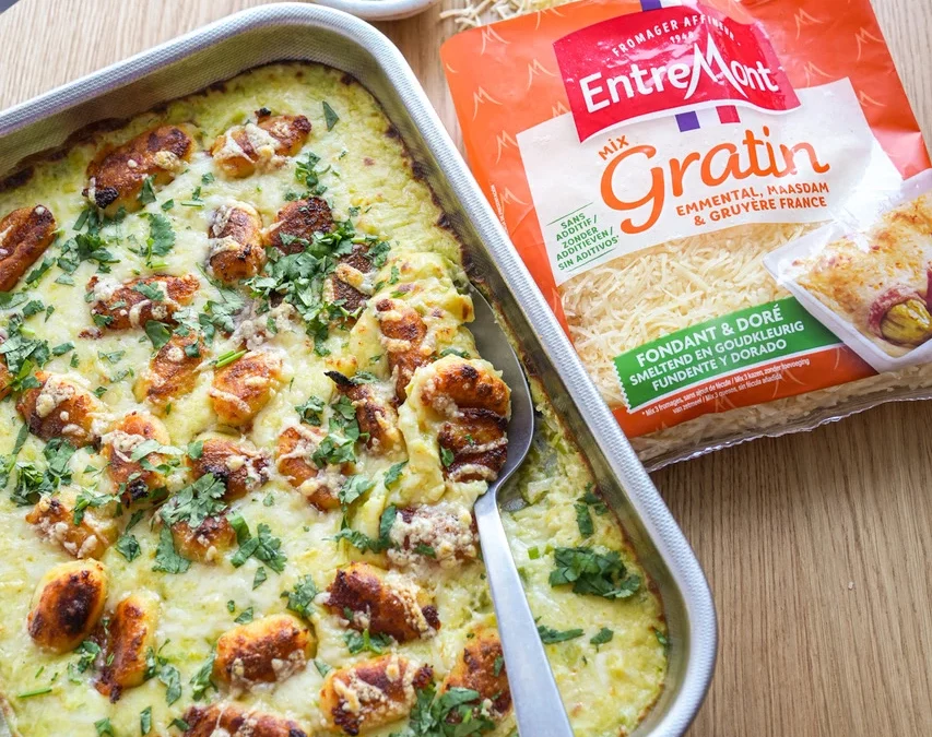 Gratin de gnocchis poêlés aux poireaux